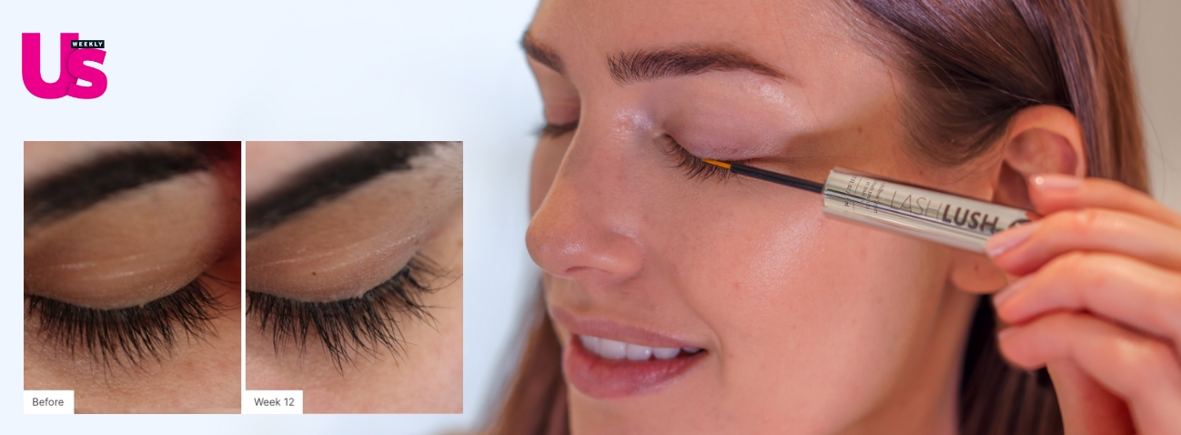 Woman applying LashLush onto her eye next to an image of a LashLush before and after