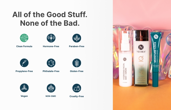 Icons showing how the products in the Summer Skin Essentials Set are free from harmful ingredients, including hormones, parabens, phthalate, propylene, gluten, GMOs and is cruelty-free and vegan. 